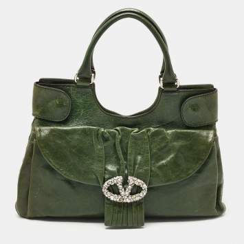 Pre Owned Valentino Green Glossy Leather Crystal Embellished Catch Tote