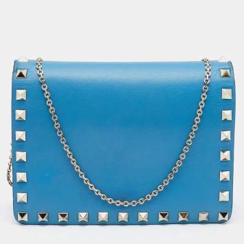Pre Owned Valentino Blue Leather Flap Rockstud Wallet on Chain