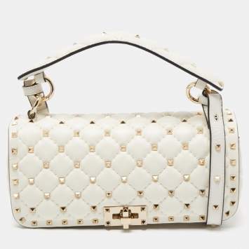 Pre Owned Valentino White Quilted Leather Rockstud Spike Top Handle Bag