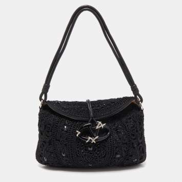 Pre Owned Valentino Black Bead Embellished Crochet Fabric V Ring Baguette Bag