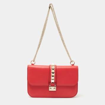 Pre Owned Valentino Coral Red Leather Medium Glam Lock Chain Shoulder Bag