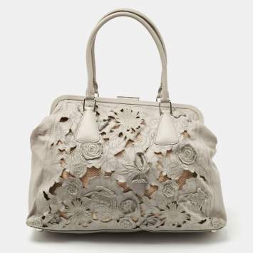 Pre Owned Valentino Grey Leather Petal Embroidered Alice Glam Frame Satchel