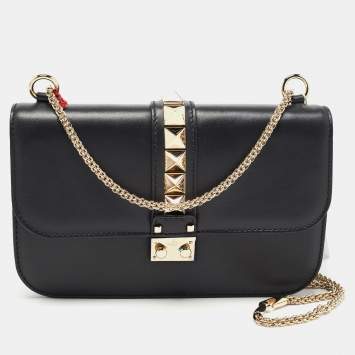 Pre Owned Valentino Black Leather Medium Glam Lock Chain Shoulder Bag