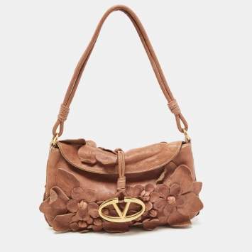 Pre Owned Valentino Brown Floral Applique Leather Vlogo Baguette Bag