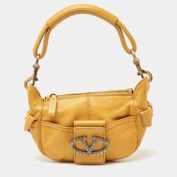 Pre Owned Valentino Mustard Leather Crystals Embellished VLogo Hobo 
