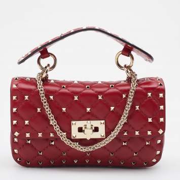 Pre Owned Valentino Red Quilted Leather Small Rockstud Spike Chain Shoulder Bag