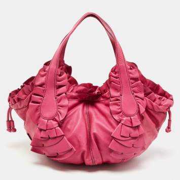 Pre Owned Valentino Pink Leather Ruffle Idylle Hobo