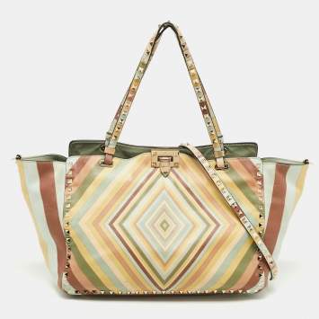 Pre Owned Valentino Multicolor 1975 Striped Leather Rockstud Trapeze Tote