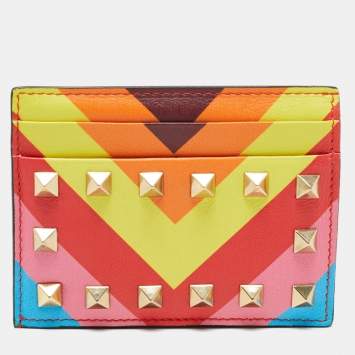 Pre Owned Valentino Multicolor Stripe Leather Rockstud Card Case