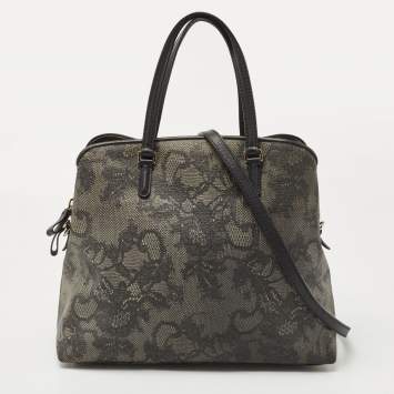 Pre Owned Valentino Black/Dark Grey Lace Effect Coated Canvas Satchel