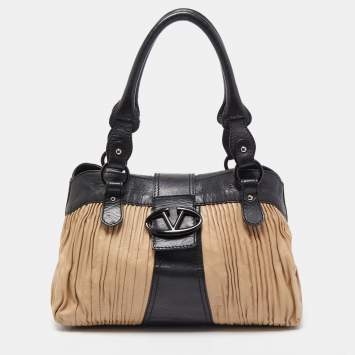 Pre Owned Valentino Black/Beige Pleated Leather Catch Satchel