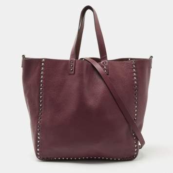 Pre Owned Valentino Burgundy/Brown Leather Rockstud Reversible Tote
