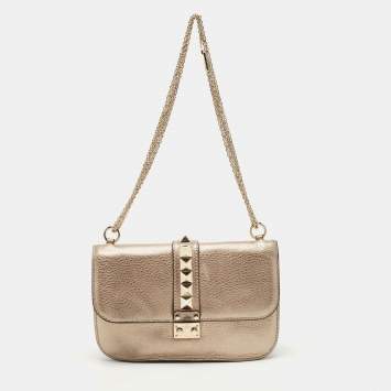 Pre Owned Valentino Metallic Gold Leather Rockstud Medium Glam Lock Flap Bag
