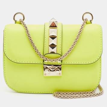 Pre Owned Valentino Neon Green Leather Small Rockstud Glam Lock Flap Bag
