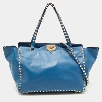 Pre Owned Valentino Blue Leather Rockstud Trapeze Tote