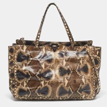 Pre Owned Valentino Brown/Beige Python Rockstud Trapeze Shopper Tote