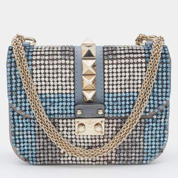 Pre Owned Valentino Blue Leather Small Crystal Embellished Glam Lock Rockstud Shoulder Bag