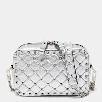Pre Owned Valentino Silver Quilted Leather Rockstud Spike Camera Crossbody Bag