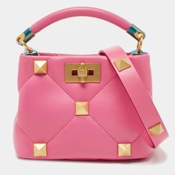 Pre Owned Valentino Pink Quilted Leather Small Roman Stud Top Handle Bag