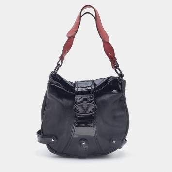 Pre Owned Valentino Black Patent Leather and Coated Canvas Catch Hobo