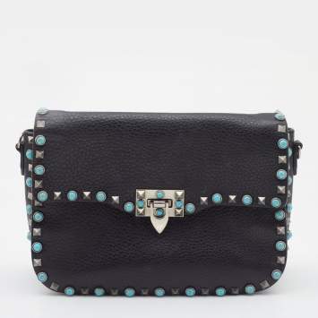 Pre Owned Valentino Black Leather Rockstud Rolling Bag