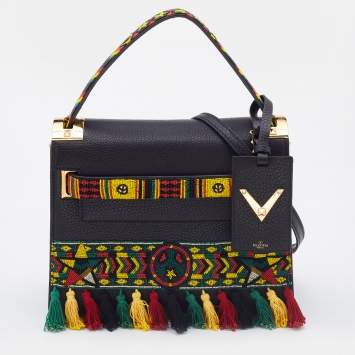 Pre Owned Valentino Black Leather Small Beads Embellished Rockstud Rolling Top Handle Bag