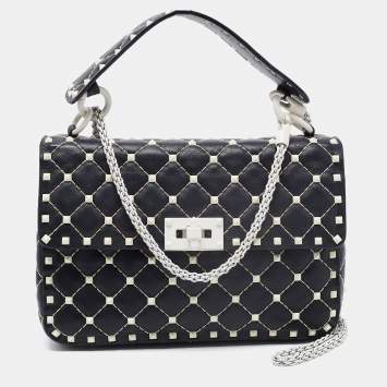 Pre Owned Valentino Black Quilted Leather Medium Rockstud Spike Top Handle Bag