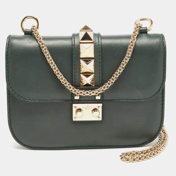 Pre Owned Valentino Green Leather Small Rockstud Glam Lock Flap Bag
