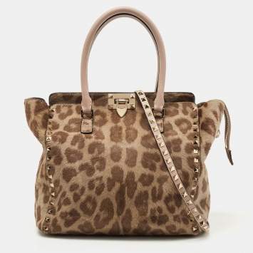 Pre Owned Valentino Beige Leopard Print Calfhair and Leather Small Rockstud Trapeze Tote