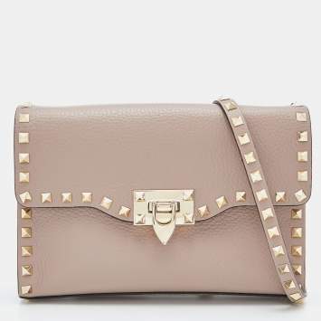 Pre Owned Valentino Pink Leather Rockstud Flap Crossbody Bag