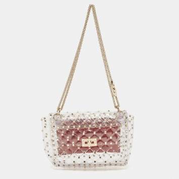 Pre Owned  Valentino Clear/Red PVC Medium Rockstud Spike Top Handle Bag