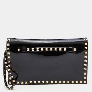 Pre Owned Valentino Black Patent Leather Rockstud Wristlet Clutch
