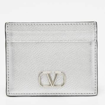 مملوكة مسبقًا Valentino Silver Leather V-Logo Card Holder