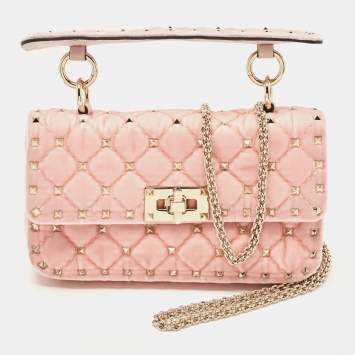 Pre Owned Valentino Pink Quilted Velvet Small Rockstud Spike Top Handle Bag