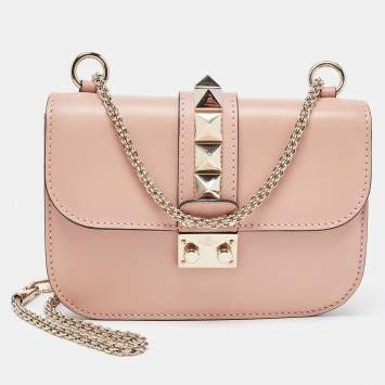 Pre Owned Valentino Beige Leather Rockstud Small Glam Lock Shoulder Bag