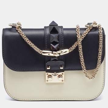 Pre Owned Valentino Off White/Black Leather Small Rockstud Glam Lock Flap Bag