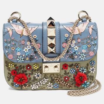 Pre Owned Valentino Multicolor Leather Small Floral Embroidered Rockstud Glam Lock Flap Bag