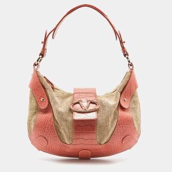 Pre Owned Valentino Beige/Orange Croc Embossed Leather and Straw Catch Hobo