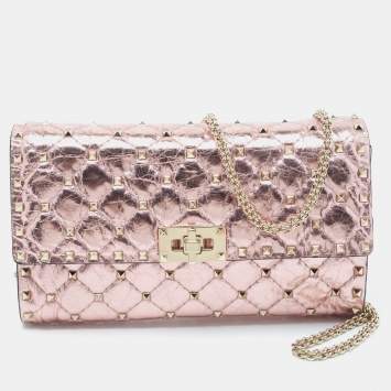 Pre Owned Valentino Metallic Rose Quilted Leather Rockstud Spike Chain Clutch 