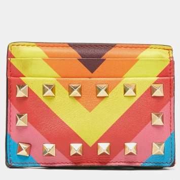 Pre Owned Valentino Multicolor Stripe Leather Rockstud Card Case