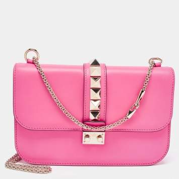 Pre Owned Valentino Pink Leather Medium Glam Lock Chain Shoulder Bag