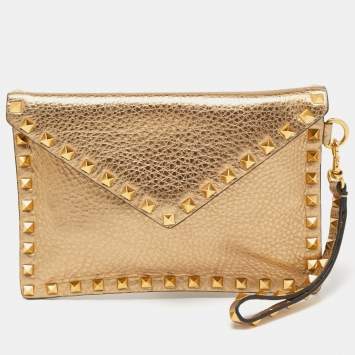 Pre Owned Valentino Gold Leather Rockstud Envelope Wristlet Clutch