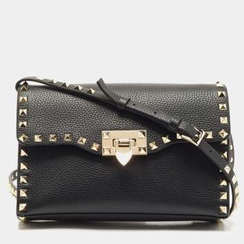 Pre Owned Valentino Black Leather Rockstud Flap Shoulder Bag