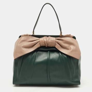 Pre Owned Valentino Green/Dusty Pink Leather Aphrodite Bow Top Handle Bag