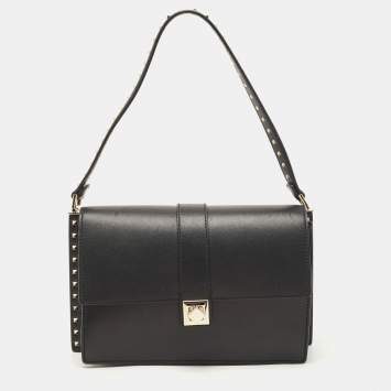Pre Owned Valentino Black Leather Studded Flap Shoulder Bag