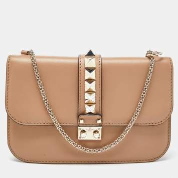Pre Owned Valentino Beige Leather Medium Rockstud Glam Lock Flap Bag