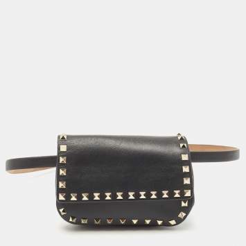 Pre Owned Valentino Black Leather Rockstud Flap Belt Bag