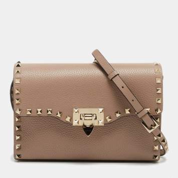 Pre Owned Valentino Beige Leather Small Rockstud Flap Shoulder Bag