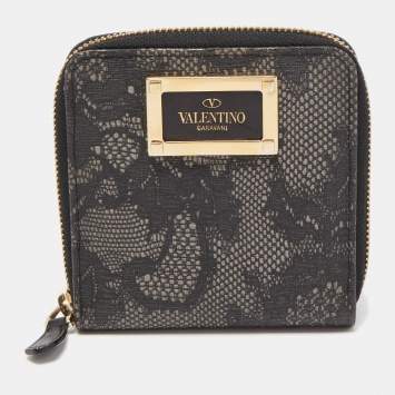 Pre Owned Valentino Black/Grey Lace Print Coated Canvas Zip Compact Wallet
