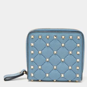 Pre Owned Valentino Red Leather Rockstud Spike Compact Wallet